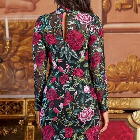 Boston Proper Festive Rose Embroidered Lace Long Sleeve Sheath Dress - Picture 3 of 7